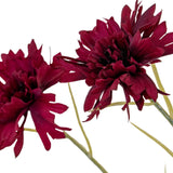 Hill Interiors Burgundy Cornflower Stem shown in close-up with two deep red frilled blooms and slim green stems against a white background.