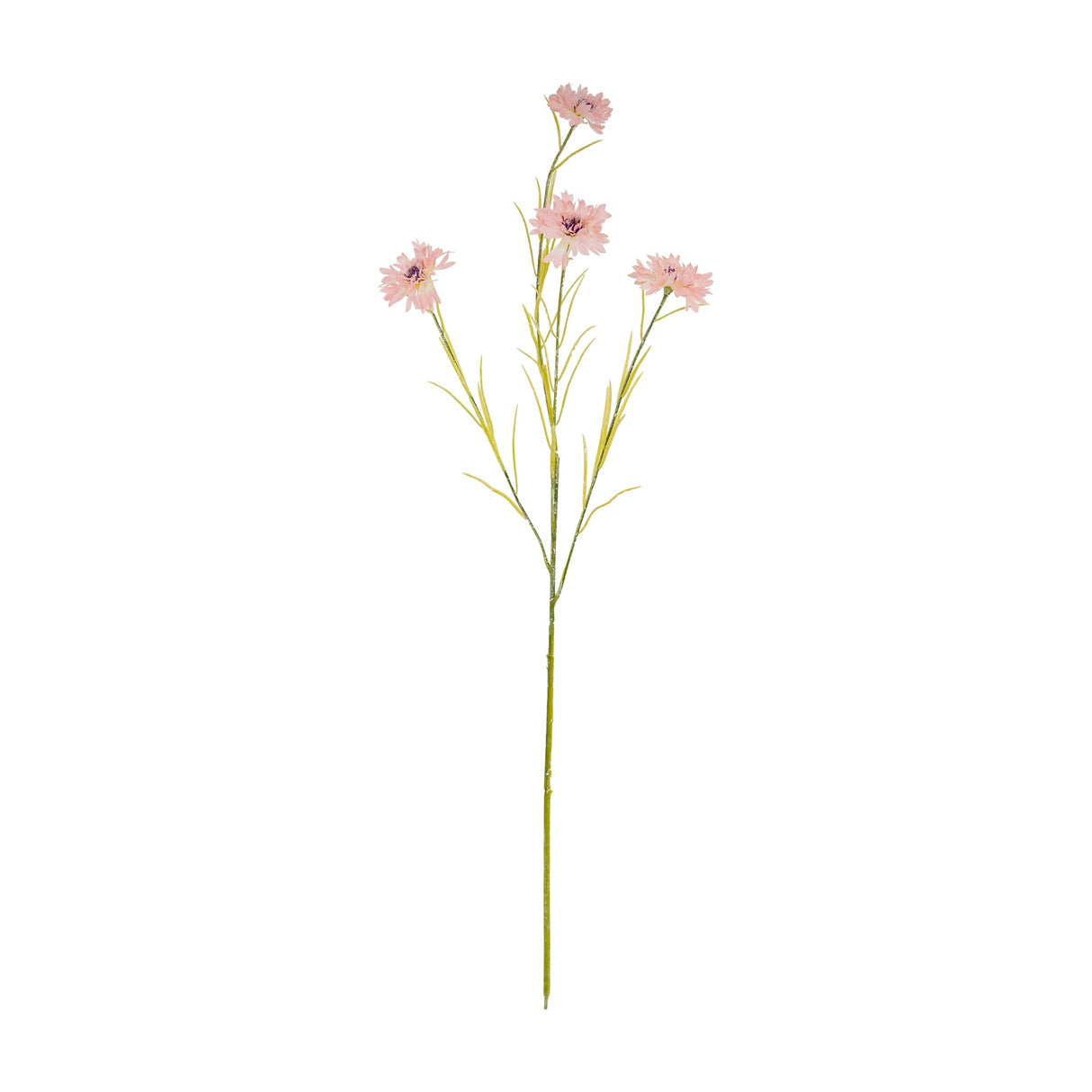 Hill Interiors Pink Cornflower Stem, a 77cm faux flower stem with five frilled pink blooms and slim green foliage, shown against a plain white background.