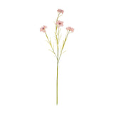 Hill Interiors Pink Cornflower Stem, a 77cm faux flower stem with five frilled pink blooms and slim green foliage, shown against a plain white background.