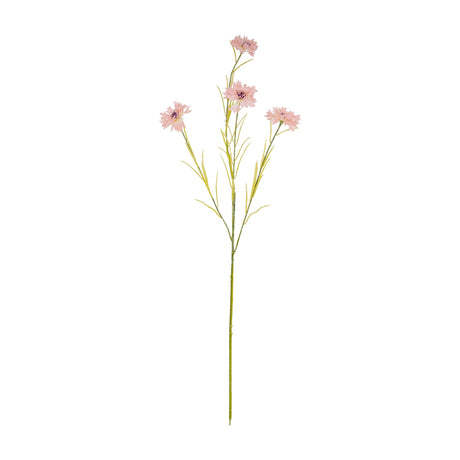 Hill Interiors Pink Cornflower Stem, a 77cm faux flower stem with five frilled pink blooms and slim green foliage, shown against a plain white background.