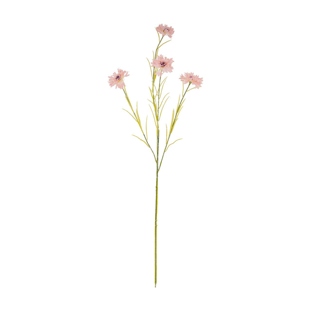 Hill Interiors Pink Cornflower Stem, a 77cm faux flower stem with five frilled pink blooms and slim green foliage, shown against a plain white background.