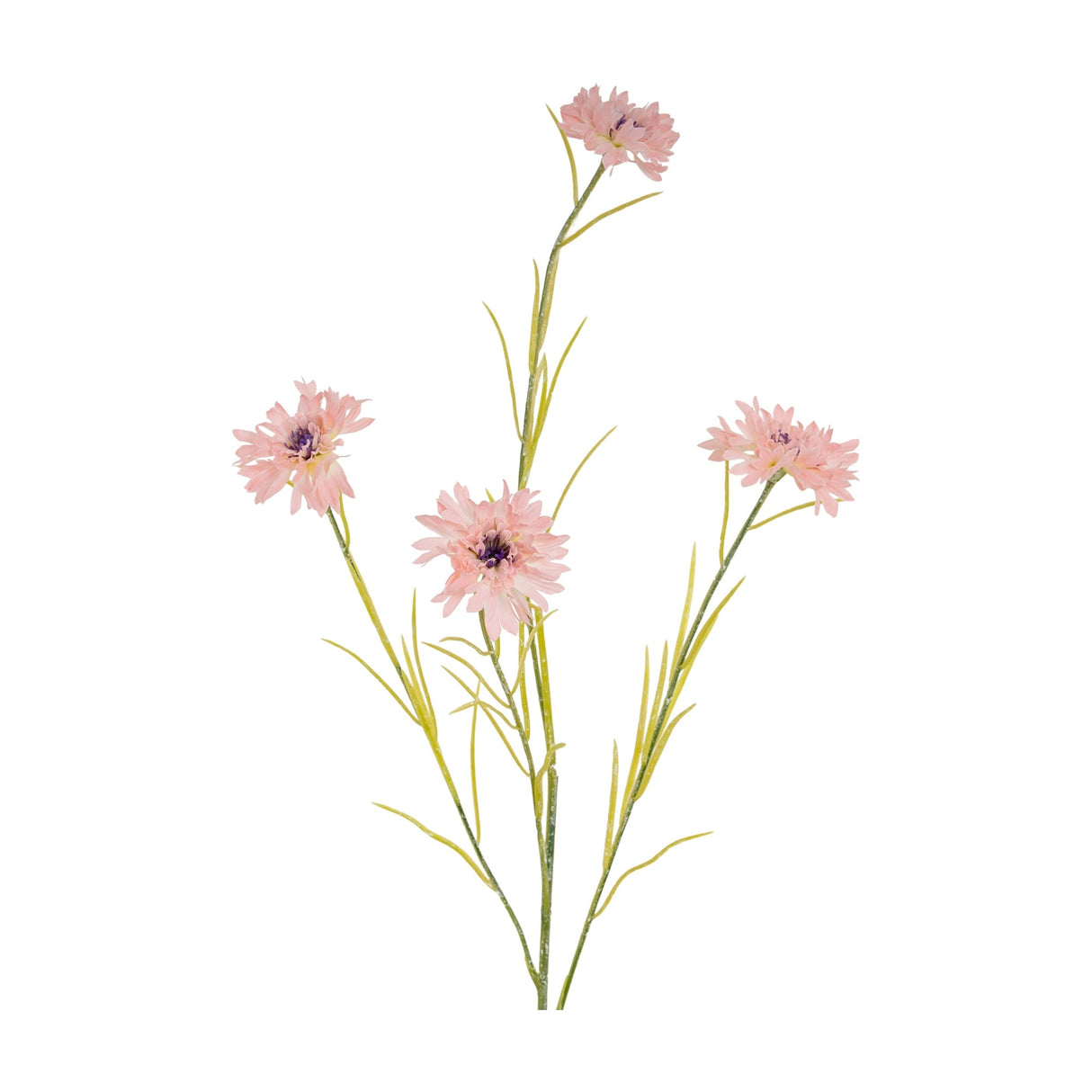 Hill Interiors Pink Cornflower Stem, a 77cm faux flower spray with four frilled pink blooms and slim green foliage, shown on a plain white background.