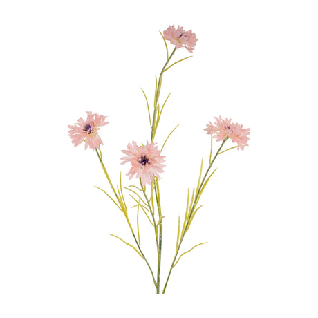 Hill Interiors Pink Cornflower Stem, a 77cm faux flower spray with four frilled pink blooms and slim green foliage, shown on a plain white background.