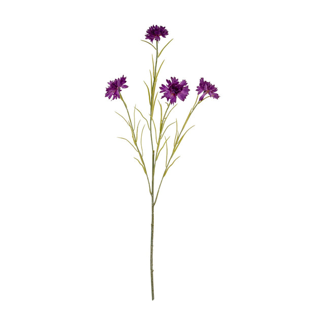 Hill Interiors Purple Cornflower Stem, a faux flower spray with four fringed purple blooms on slim green leafy stems, shown on a plain white background.