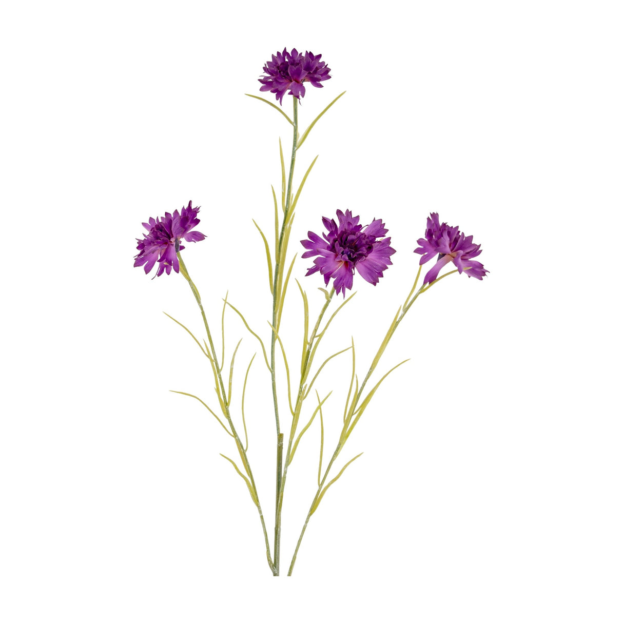 Hill Interiors Purple Cornflower Stem faux plant with four fringed purple blooms on slim green leafy stems, shown against a plain white background.