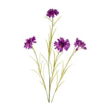 Hill Interiors Purple Cornflower Stem faux plant with four fringed purple blooms on slim green leafy stems, shown against a plain white background.