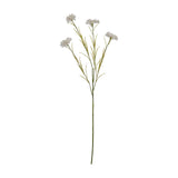Hill Interiors White Cornflower Stem with four ruffled white blooms and slender green foliage on a bendable stem, shown on a plain white background.