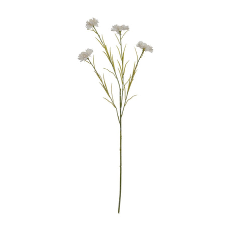 Hill Interiors White Cornflower Stem with four ruffled white blooms and slender green foliage on a bendable stem, shown on a plain white background.