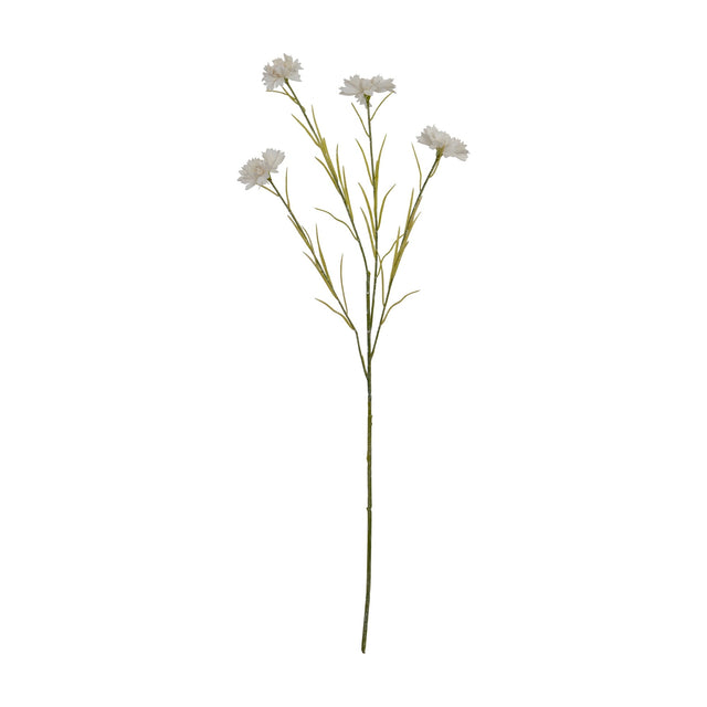 Hill Interiors White Cornflower Stem with four ruffled white blooms and slender green foliage on a bendable stem, shown on a plain white background.