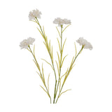 Hill Interiors White Cornflower Stem, a 77cm faux flower spray with four fringed white blooms and slender green foliage on a plain white background.