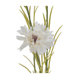 Hill Interiors white cornflower stem with fringed layered petals and slender green foliage, shown against a plain white background.