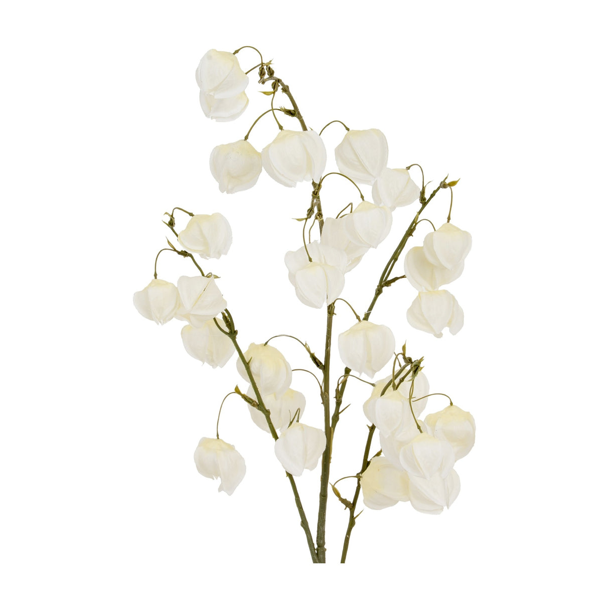 Hill Interiors White Physalis Spray faux flower stem with matte white lantern-like pods along slender green branches, shown on a plain white background.