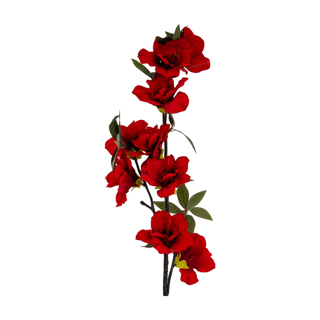 Hill Interiors Crimson Bloom Large Spray faux flower stem with layered red blooms, buds and green foliage on a dark branch, shown on a white background.