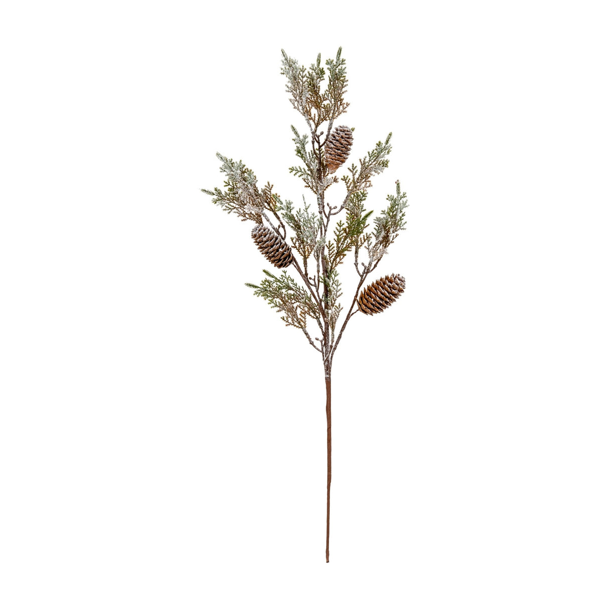 Hill Interiors Medium Frosted Cypress Fir Branch Spray with three pinecones and white-dusted green foliage on a slim stem.