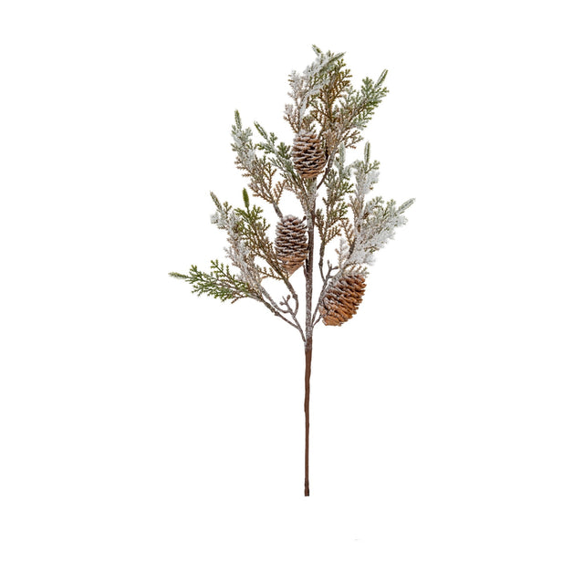 Hill Interiors large frosted cypress fir branch spray with pinecones, showing snow-dusted green needles and three brown cones on a white background.