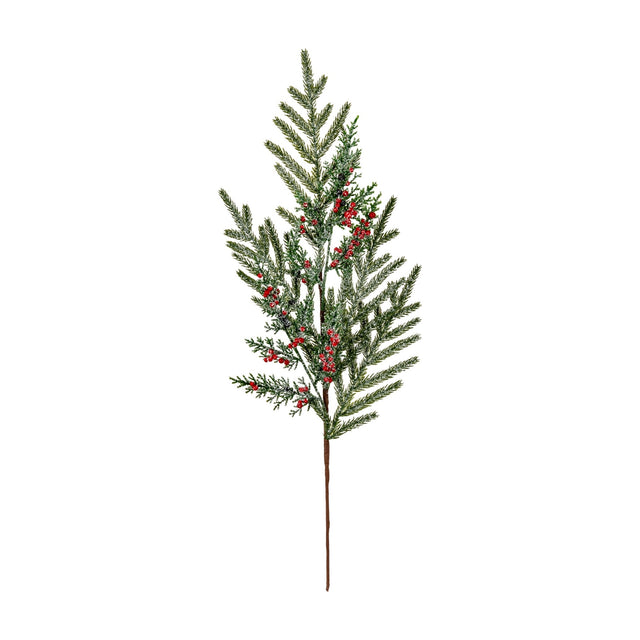 Hill Interiors Frosted Pine Branch Spray with clusters of red winter berries and white-dusted green needles on a wired stem, shown on a plain white background.