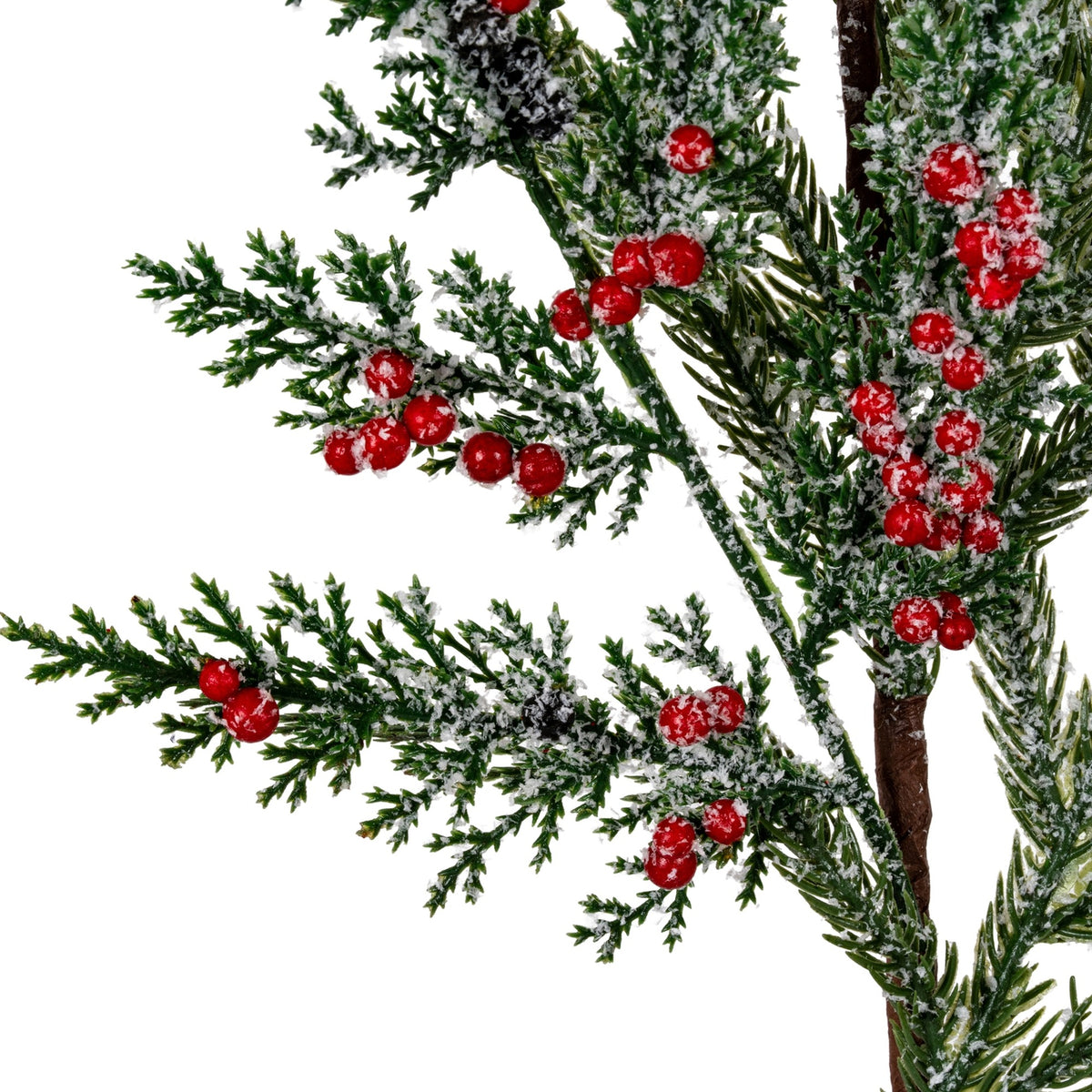 Hill Interiors Frosted Pine Branch Spray with clusters of red winter berries and snow-dusted green needles, shown against a plain white background.