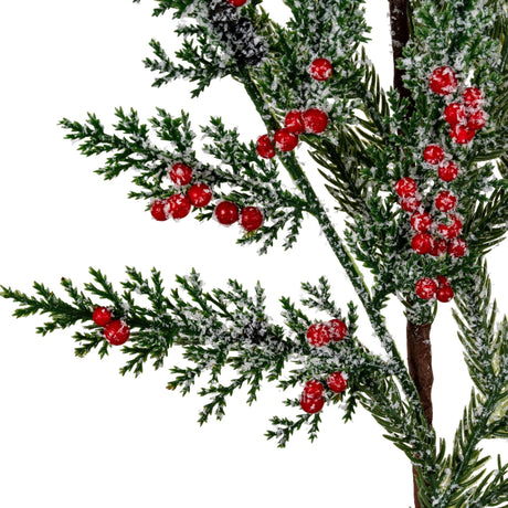 Hill Interiors Frosted Pine Branch Spray with clusters of red winter berries and snow-dusted green needles, shown against a plain white background.