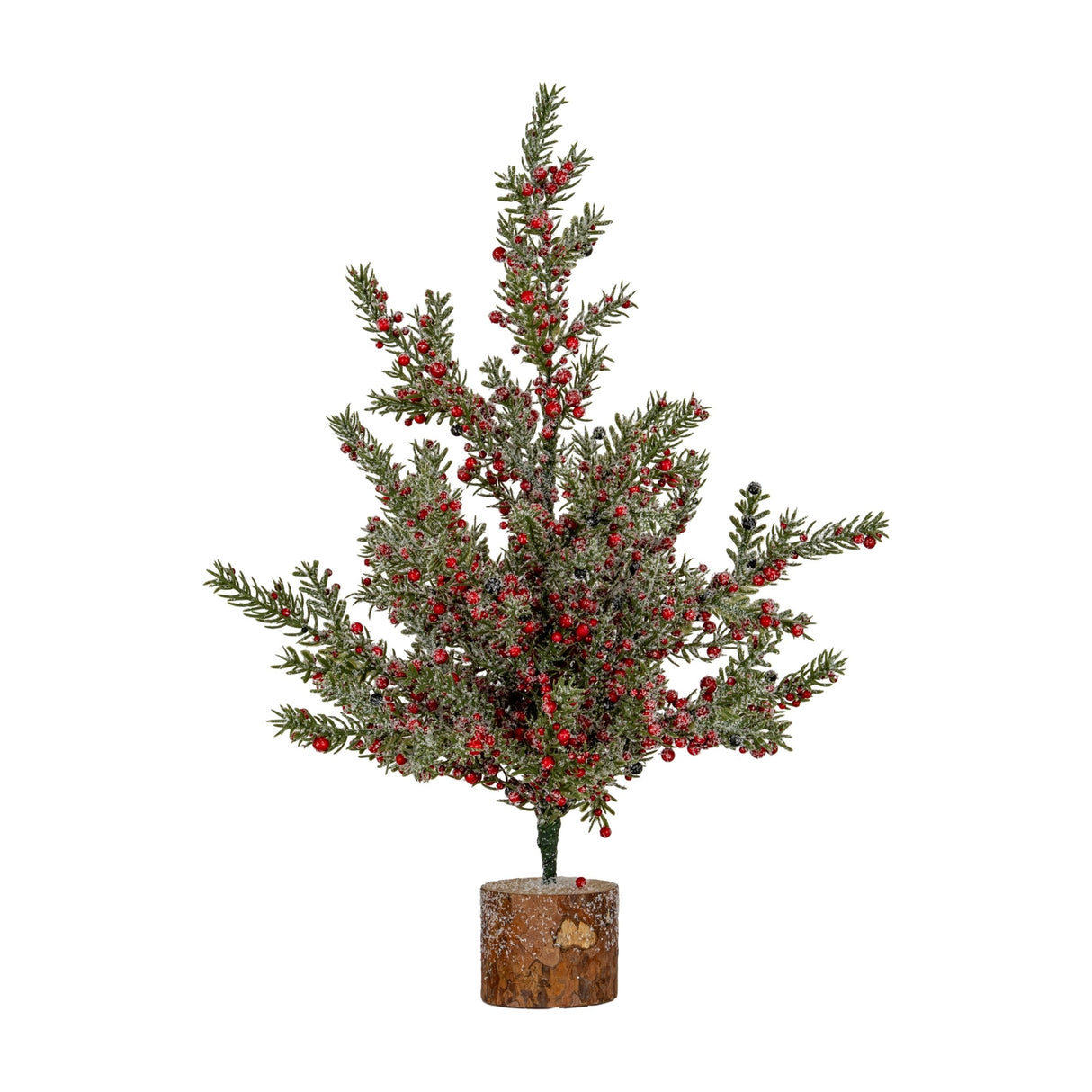 Hill Interiors Large Frosted Winter Berry Tree with frosted green foliage, red berries and a rustic wooden block base, shown on a white background.