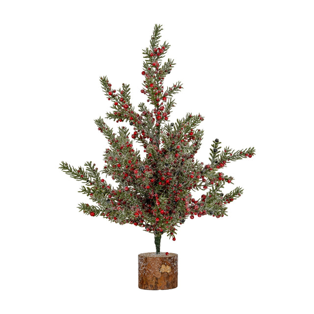 Hill Interiors Large Frosted Winter Berry Tree with frosted green foliage, red berries and a rustic wooden block base, shown on a white background.