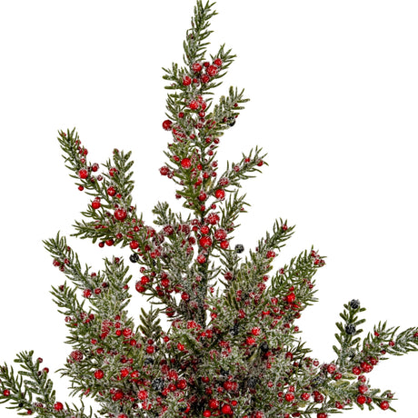 Hill Interiors Large Frosted Winter Berry Tree with slender green branches, red berries and a light snow dusting, shown against a plain white background.