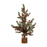 Hill Interiors Medium Frosted Winter Berry Tree with frosted green foliage and red berries on a natural wooden block base, shown on a white background.