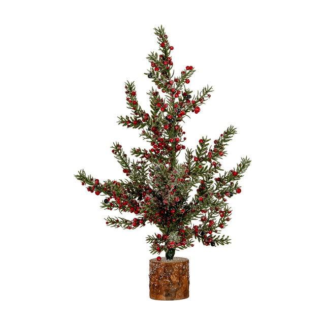 Hill Interiors Medium Frosted Winter Berry Tree with frosted green foliage and red berries on a natural wooden block base, shown on a white background.