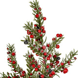 Close-up of Hill Interiors Medium Frosted Winter Berry Tree showing slender green foliage with clustered red berries and a light dusting of white frost.
