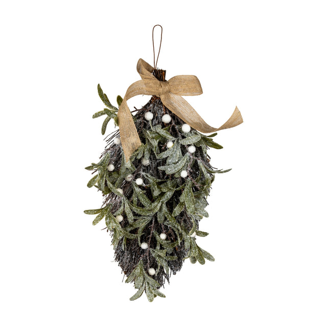 Hill Interiors Frosted Mistletoe and Pine Swag with hessian ribbon bow, featuring frosted green leaves and white berries on a plain white background.