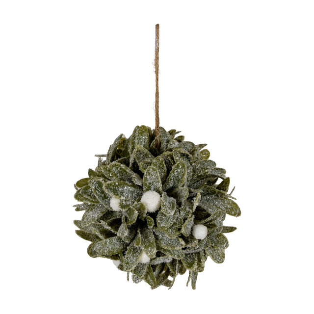 Hill Interiors Frosted Mistletoe Ball Decoration with clustered green leaves, white berries, and jute hanging cord on a plain white background.