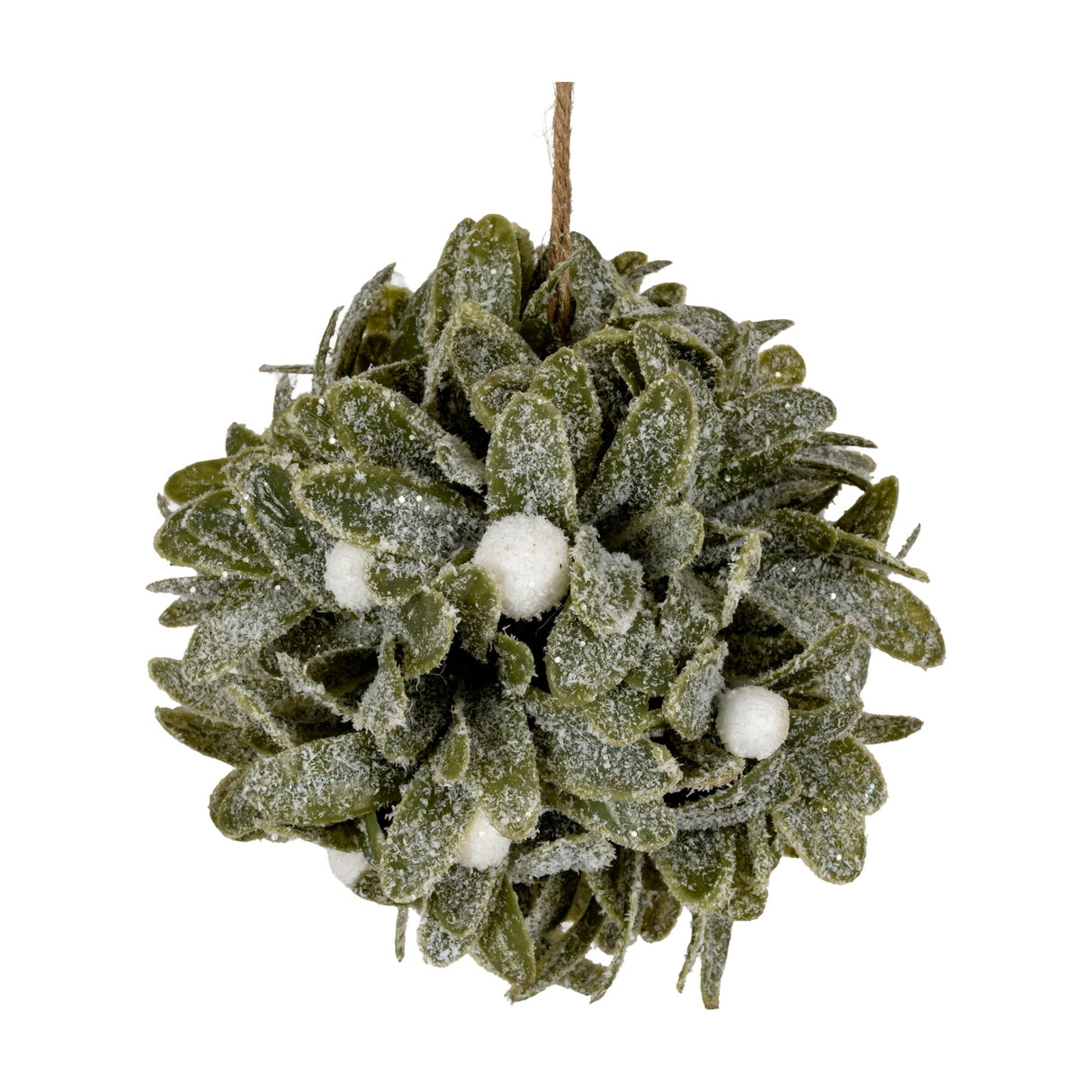 Hill Interiors Frosted Mistletoe Ball Decoration with clustered green leaves, white berries and frosted finish, hung from jute string on a white background.