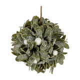 Hill Interiors Frosted Mistletoe Ball Decoration with clustered green leaves, white berries and frosted finish, hung from jute string on a white background.