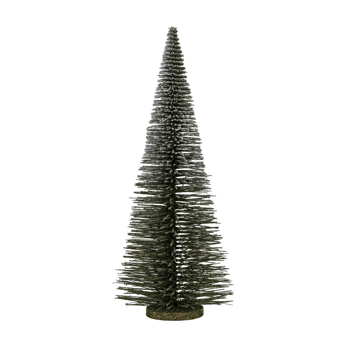 Hill Interiors Extra Large Spindle Brush Tree, a tall tapering faux conifer with dark bristle plumes and snow-dusted tips on a small base, shown on white.