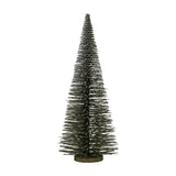 Hill Interiors Extra Large Spindle Brush Tree, a tall tapering faux conifer with dark bristle plumes and snow-dusted tips on a small base, shown on white.