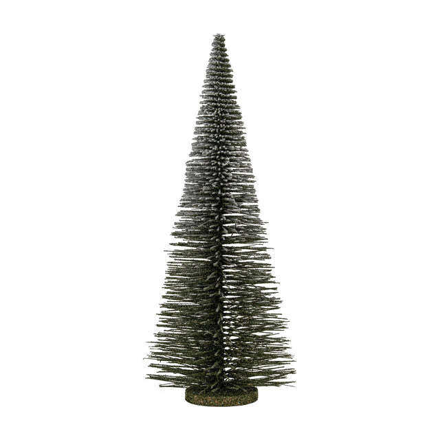 Hill Interiors Extra Large Spindle Brush Tree, a tall tapering faux conifer with dark bristle plumes and snow-dusted tips on a small base, shown on white.