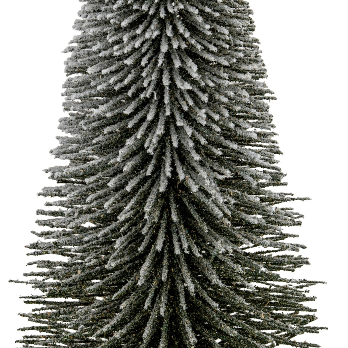 Close-up of Hill Interiors Extra Large Spindle Brush Tree showing snow-dusted brown bristle plumes tapering along a central trunk on a white background.