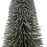 Close-up of Hill Interiors Extra Large Spindle Brush Tree showing snow-dusted brown bristle plumes tapering along a central trunk on a white background.
