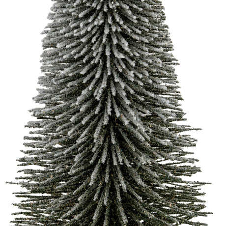 Close-up of Hill Interiors Extra Large Spindle Brush Tree showing snow-dusted brown bristle plumes tapering along a central trunk on a white background.