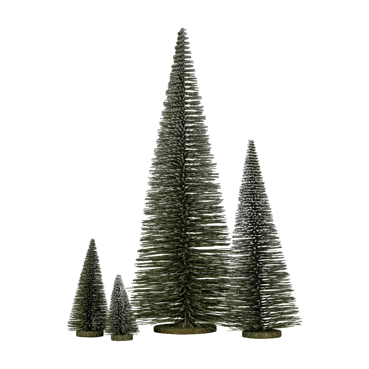 Hill Interiors Extra Large Spindle Brush Tree shown in a set of four graduated sizes with dense green bristle plumes and small round bases.