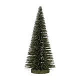 Hill Interiors Medium Spindle Brush Tree, a 30cm faux fir with tapered bristle branches in dark green with a light snow dusting, shown on a white background.