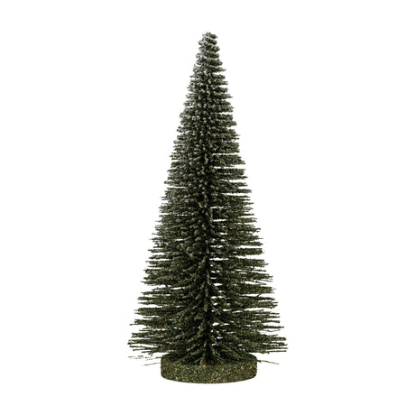 Hill Interiors Medium Spindle Brush Tree, a 30cm faux fir with tapered bristle branches in dark green with a light snow dusting, shown on a white background.