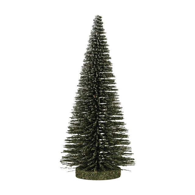 Hill Interiors Medium Spindle Brush Tree, a 30cm faux fir with tapered bristle branches in dark green with a light snow dusting, shown on a white background.