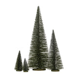 Hill Interiors Medium Spindle Brush Trees in green with frosted tips, shown in four graduated sizes on small bases against a white background.