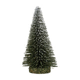 Hill Interiors Small Spindle Brush Tree, a slim conifer-shaped faux stem with dense green bristled fronds dusted in white snow effect, on a plain background.