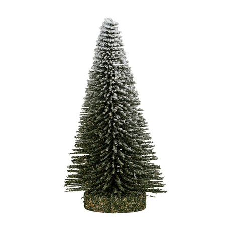 Hill Interiors Small Spindle Brush Tree, a slim conifer-shaped faux stem with dense green bristled fronds dusted in white snow effect, on a plain background.