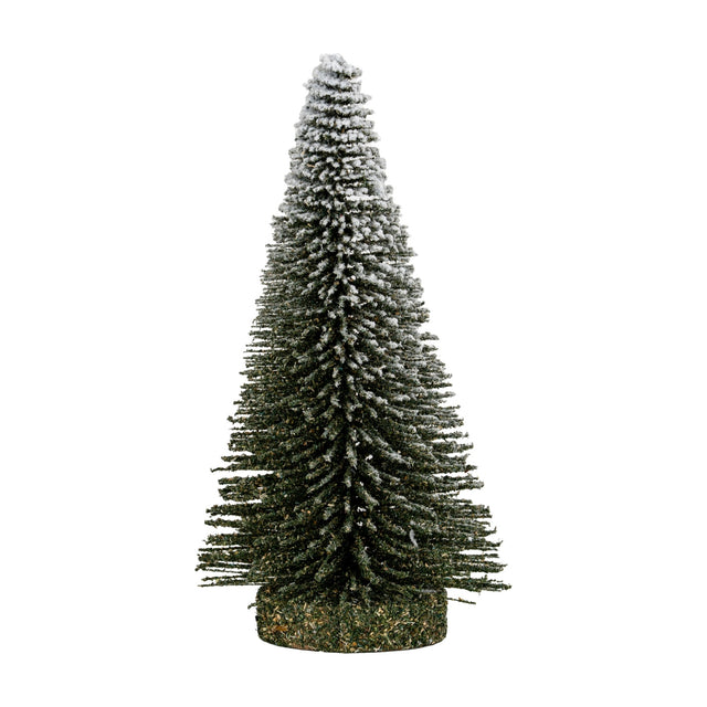 Hill Interiors Small Spindle Brush Tree, a slim conifer-shaped faux stem with dense green bristled fronds dusted in white snow effect, on a plain background.