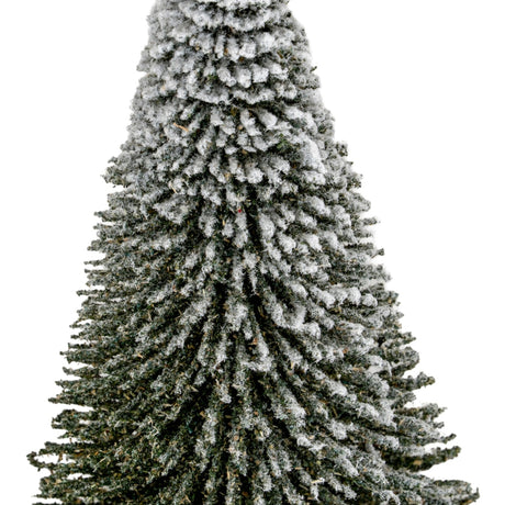 Hill Interiors Small Spindle Brush Tree, a slim conical bottlebrush tree with dense green bristles dusted in white snow-effect flocking, on a plain background.