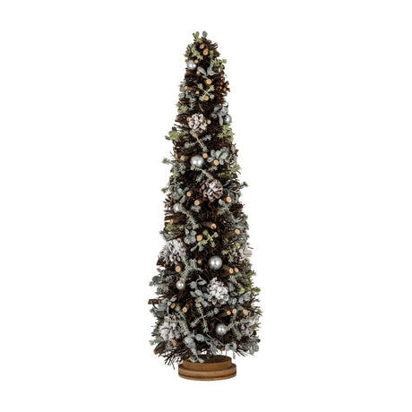 Hill Interiors Large Frosted Forest Tree with frosted foliage, pinecones and silver pearls on a round wooden base, shown against a white background.
