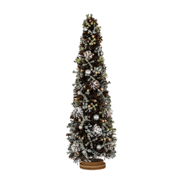 Hill Interiors Large Frosted Forest Tree with frosted foliage, pinecones and silver pearls on a round wooden base, shown against a white background.