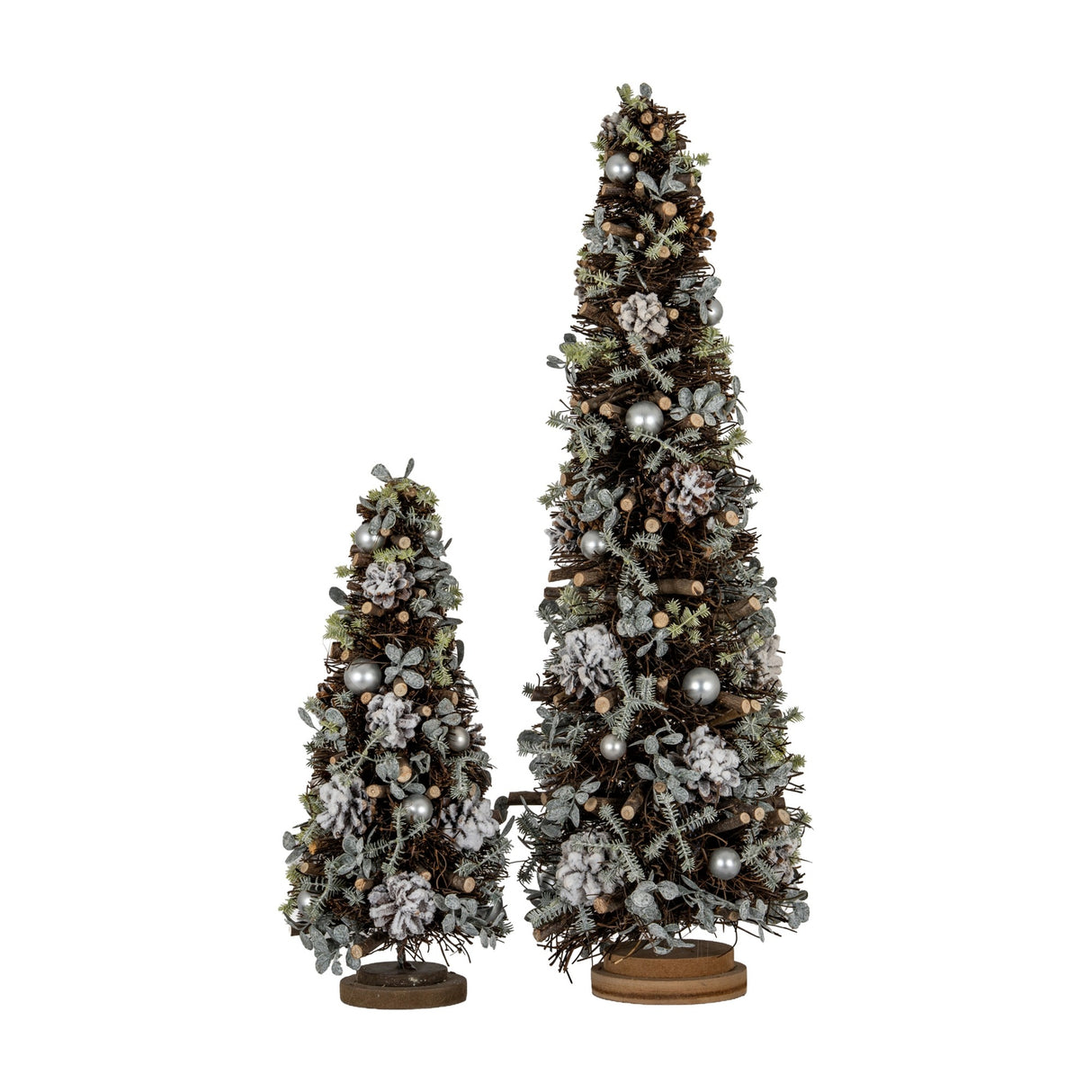 Hill Interiors Large Frosted Forest Tree set with pinecones, pearls, silver baubles and frosted foliage on wooden bases against a white background.